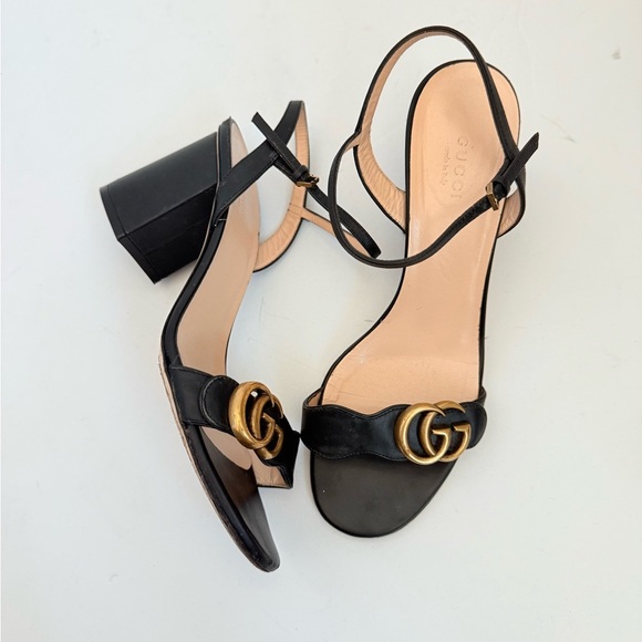 Gucci Black Leather GG Marmont Ankle Strap Block heel Sandals EU 38.5 - Picture 1 of 13